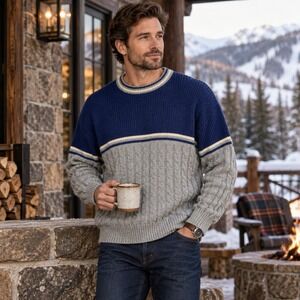 Vintage Steep Slopes Sweater Mens XL Blue Gray Cable Knit Ski Grandpa 90s Korea